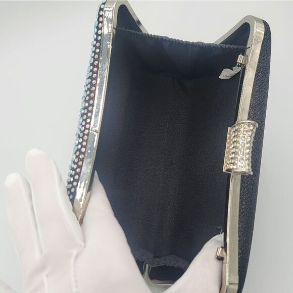 Black Clutch Bag Crystal Aurora Borealis Sparkle Silvertone Strap #551 - Picture 8 of 16